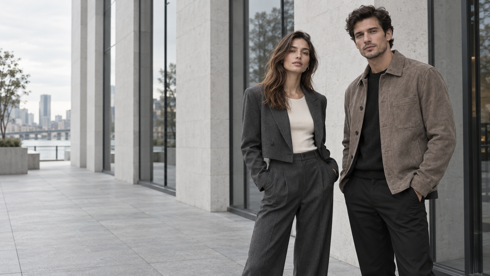 A woman in a charcoal blazer and a man in a taupe jacket beside modern city architecture