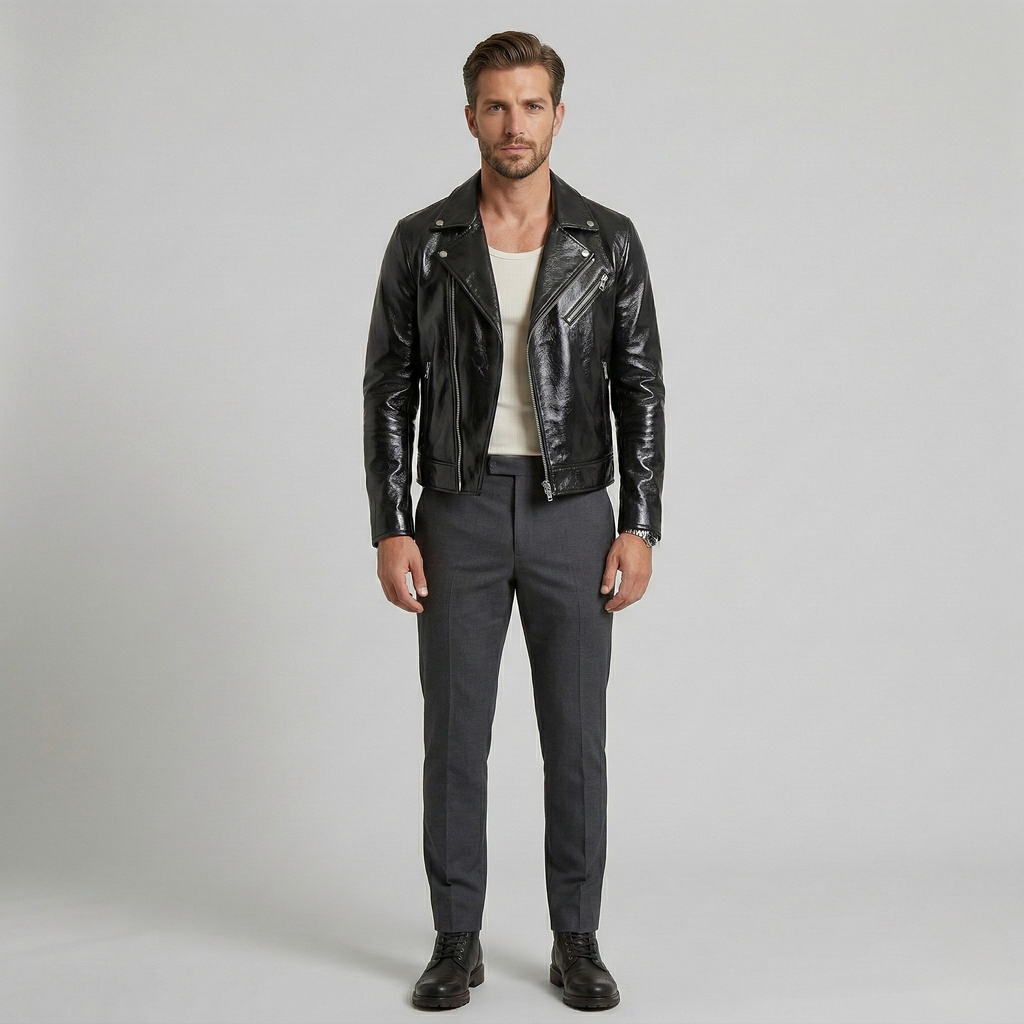 Men's High-Shine Faux-Leather Moto Jacket