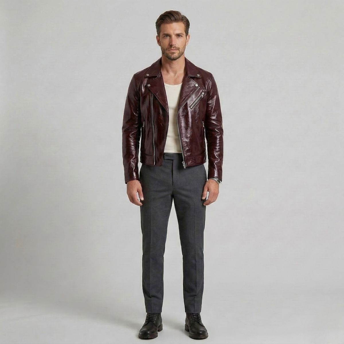 Men's High-Shine Faux-Leather Moto Jacket