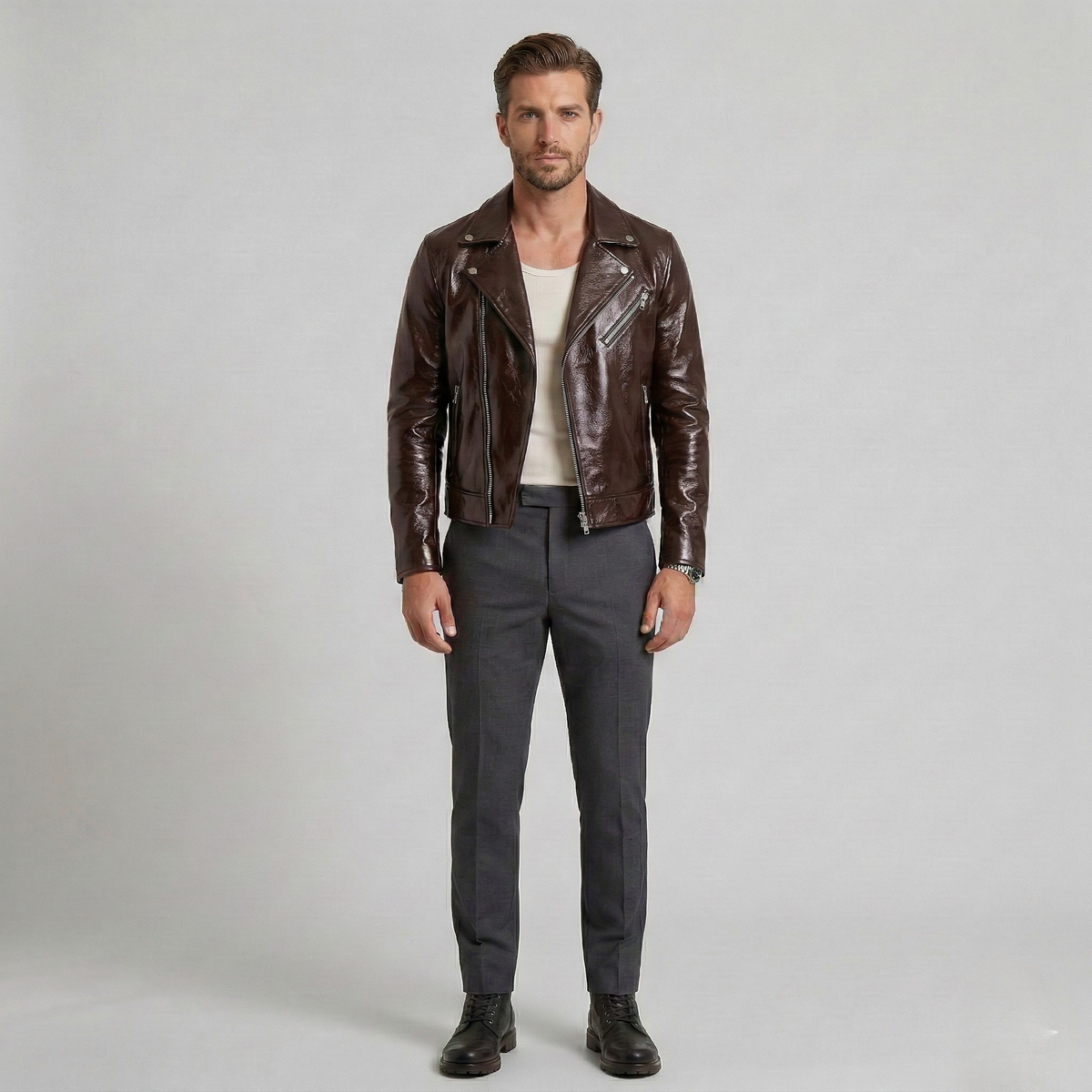 Men's High-Shine Faux-Leather Moto Jacket