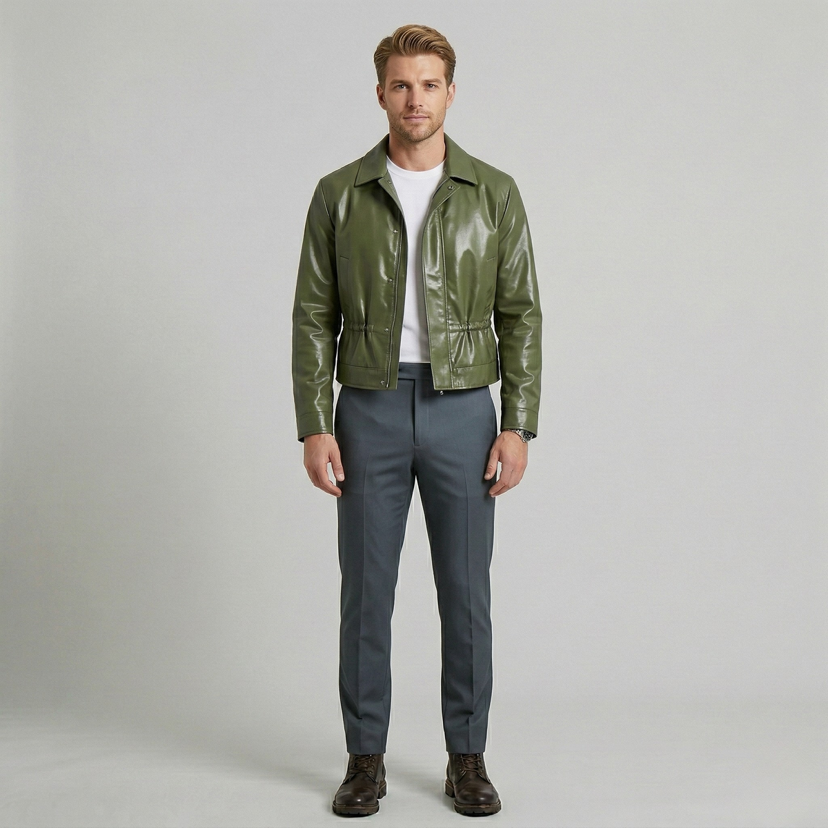 Men's High-Shine Waist-Detail Faux-Leather Jacket