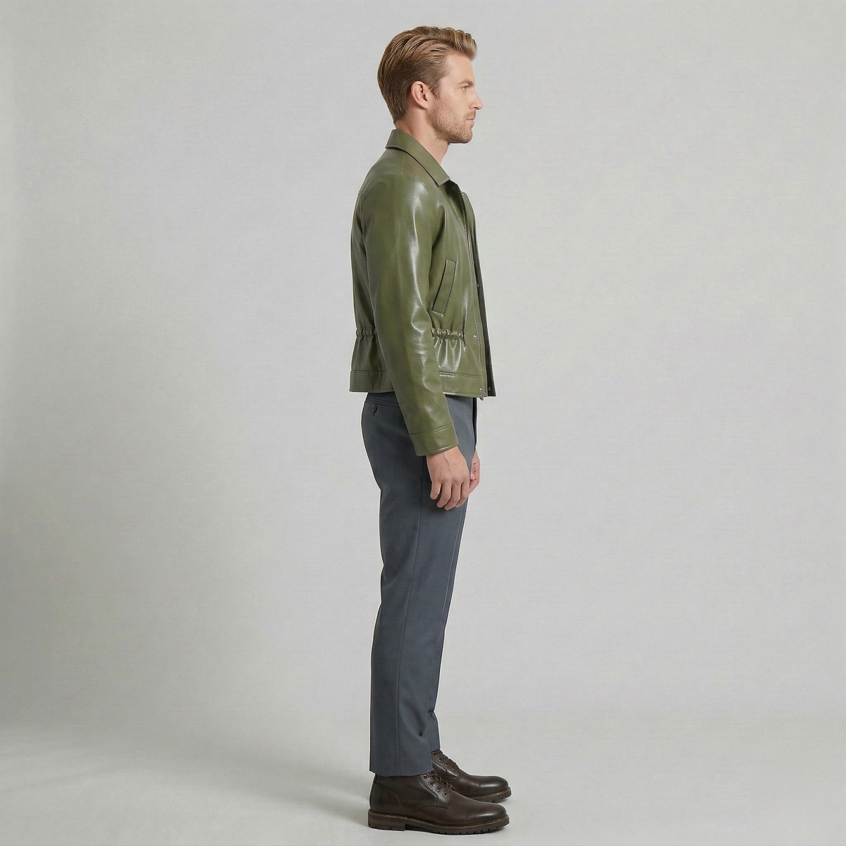 Men's High-Shine Waist-Detail Faux-Leather Jacket