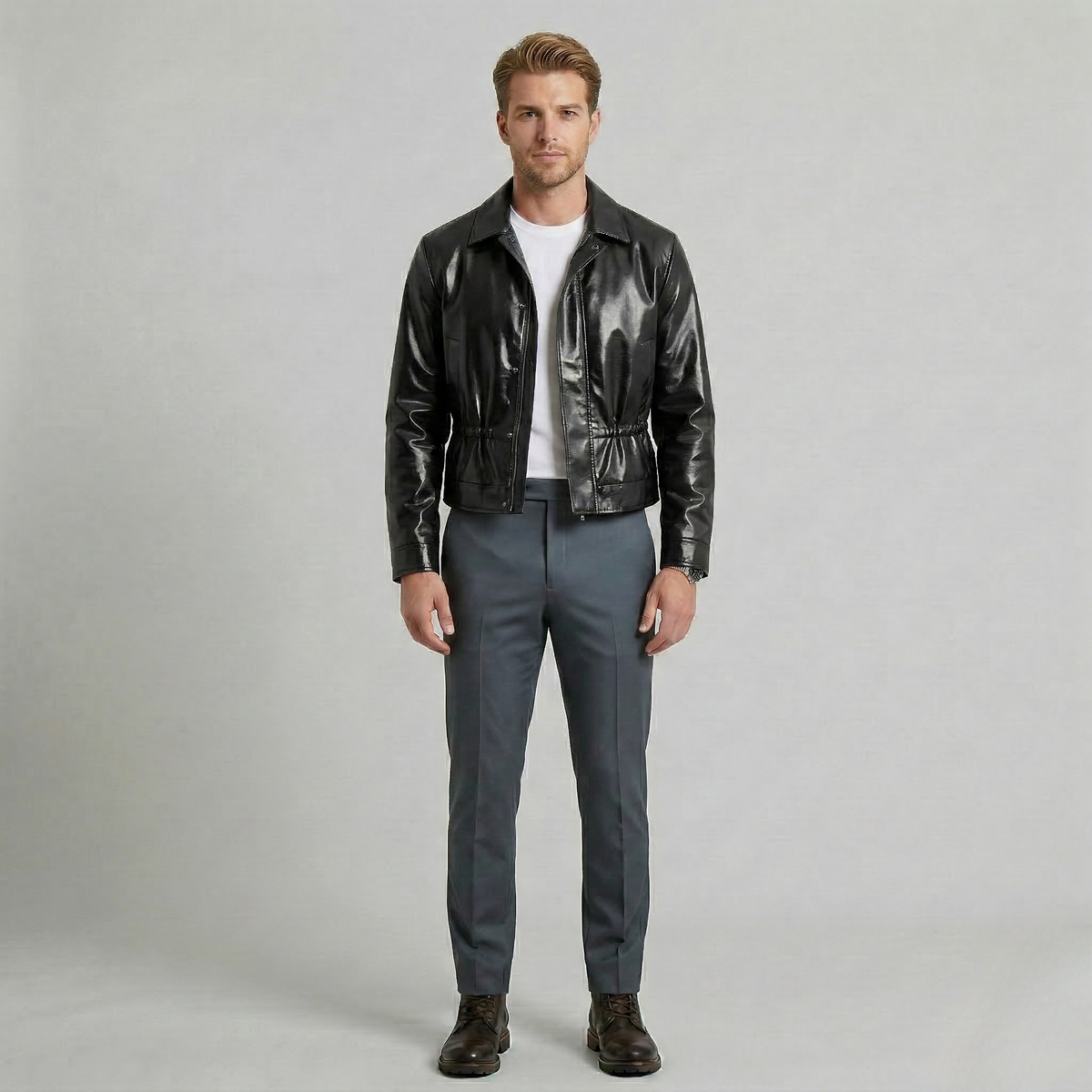 Men's High-Shine Waist-Detail Faux-Leather Jacket