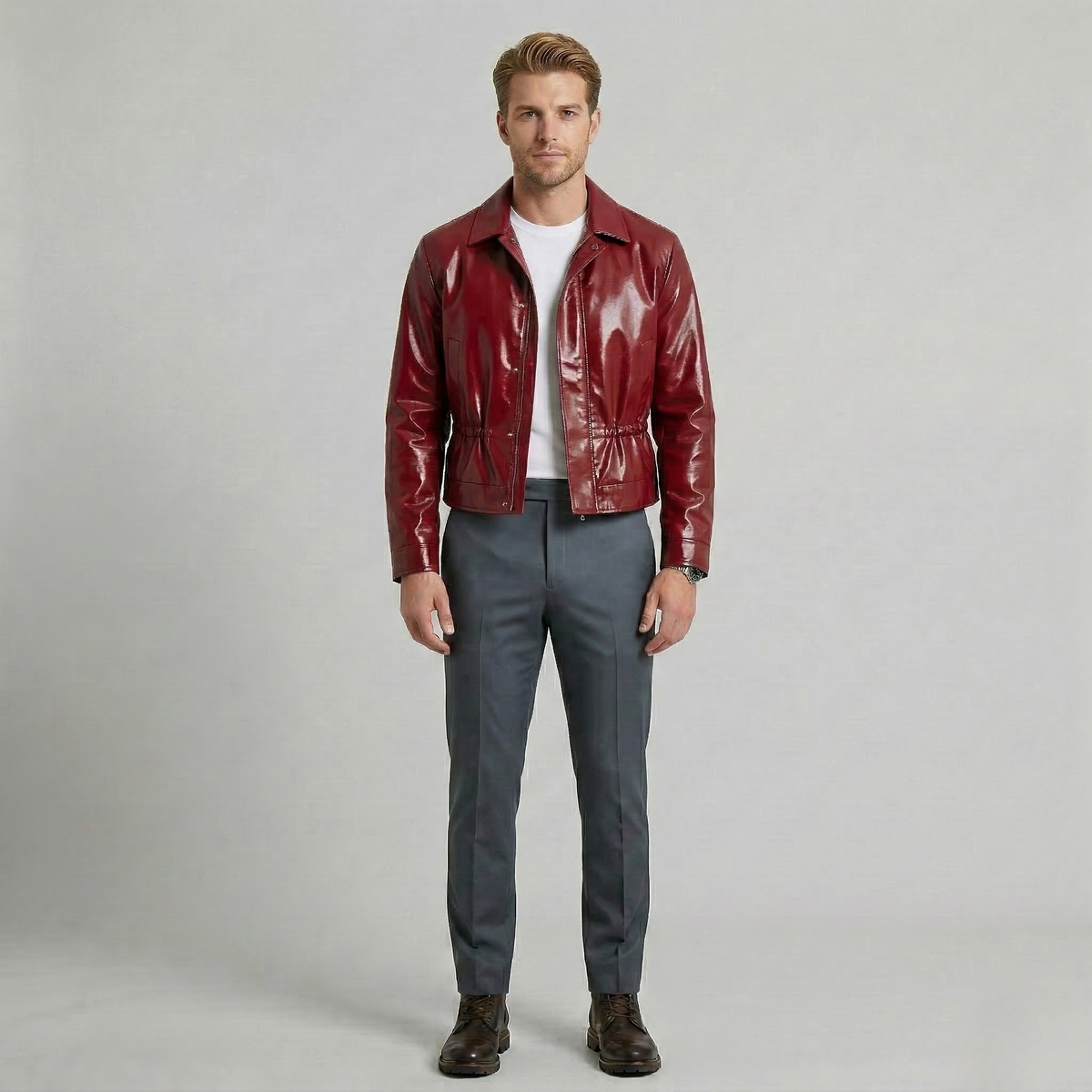 Men's High-Shine Waist-Detail Faux-Leather Jacket