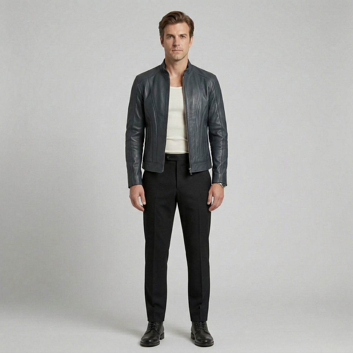 Men's Structured Faux-Leather Zip Jacket