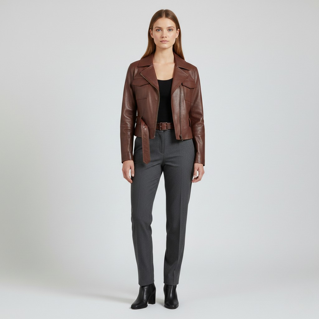Women's Belted Cropped Faux-Leather Jacket