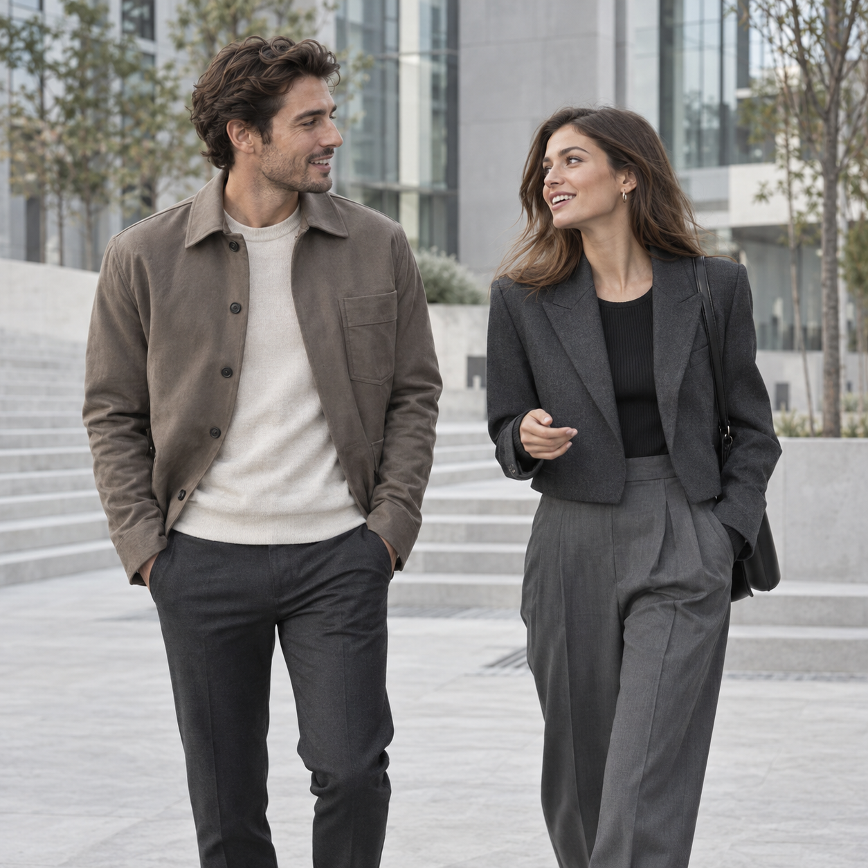 A man and woman walking through a modern city plaza in everyday outerwear